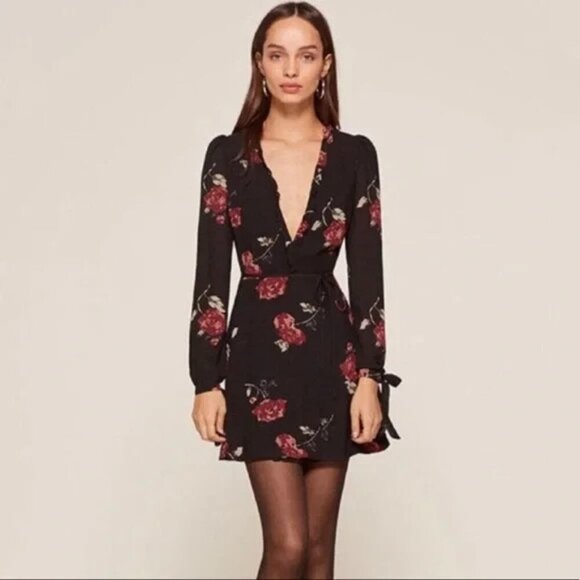 Reformation Dresses & Skirts - Reformation Floral Wrap Short Dress Women Size XS Black